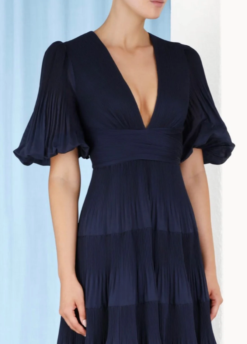 Zimmermann Pleated Midi Dress in Navy
