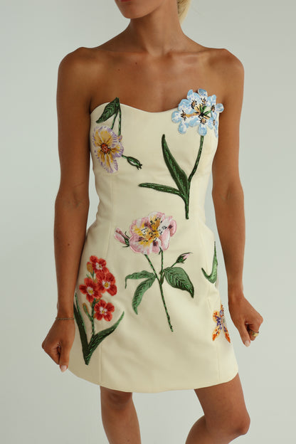 Leo Lin Rosario Velvet Mini Dress - Botanical Print in Snow
