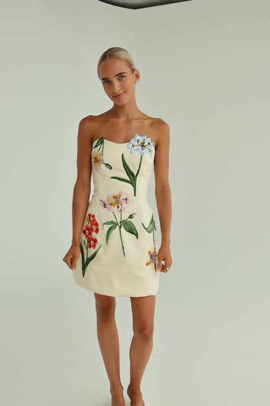 Leo Lin Rosario Velvet Mini Dress - Botanical Print in Snow