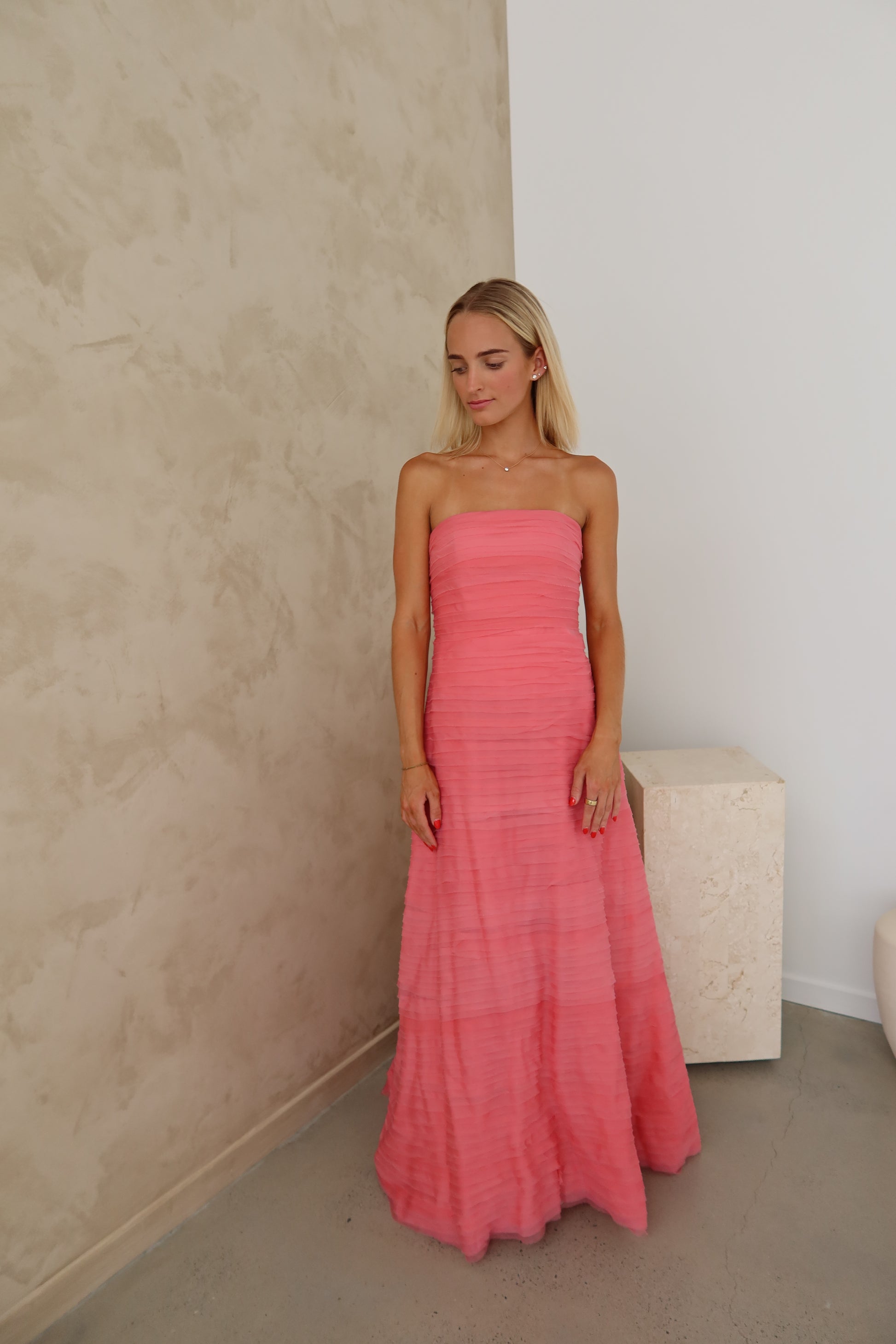 Aje Soundscape Maxi Dress - Guava pink ABC Dress Hire Aje Soundscape Maxi Dress - Guava pink ABC Dress Hire