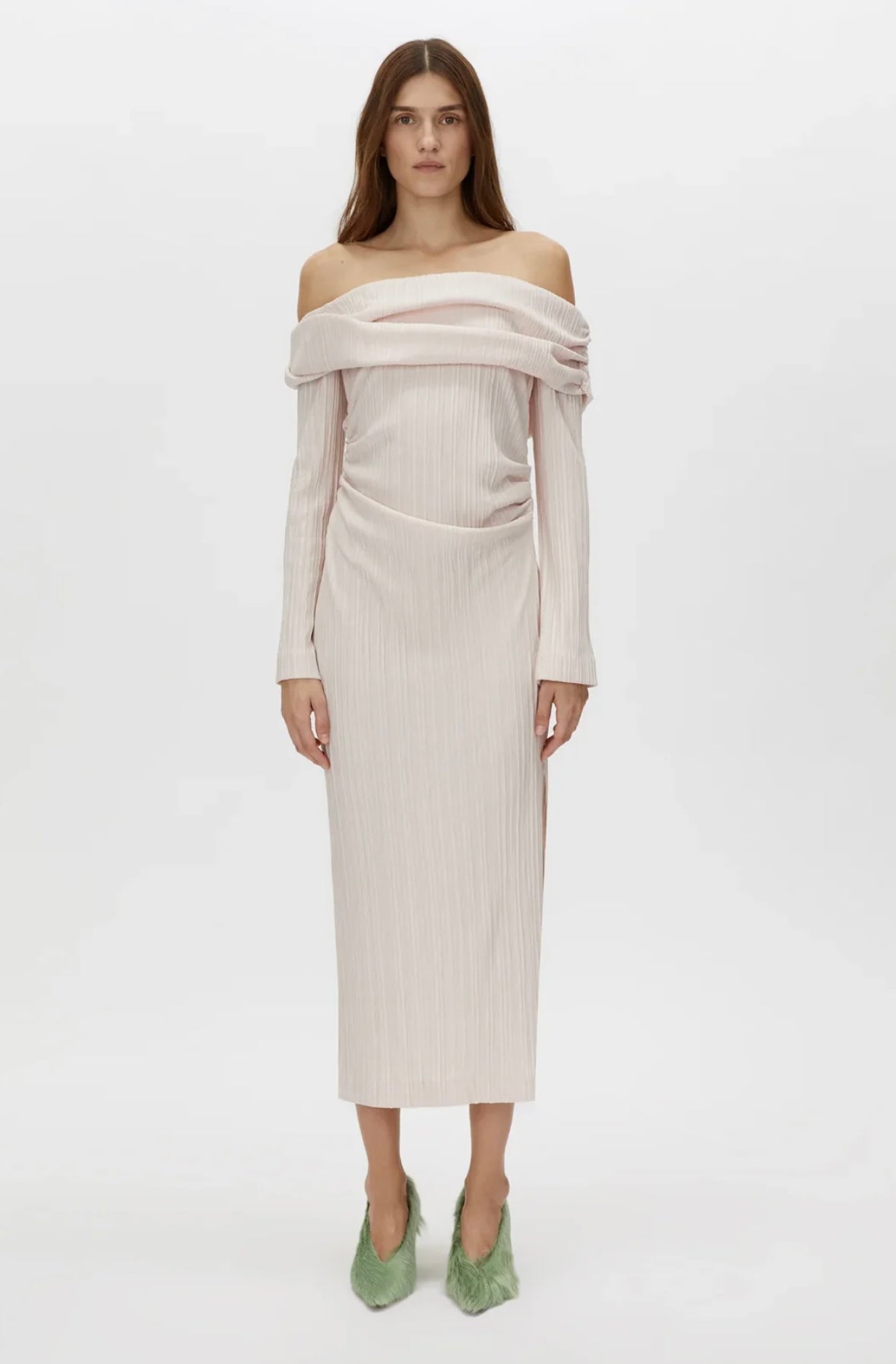 Camilla and Marc Shaw Off Shoulder Dress in Ice Pink