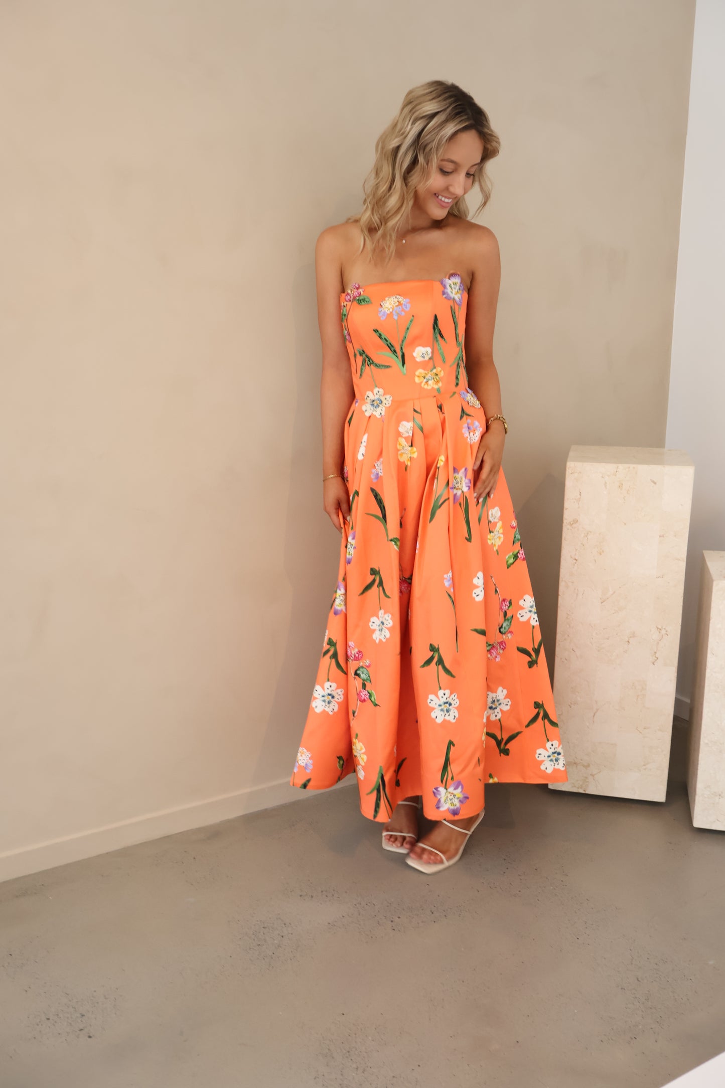 Leo Lin Lynn Bustier Midi Dress - Wild Flower in Coral