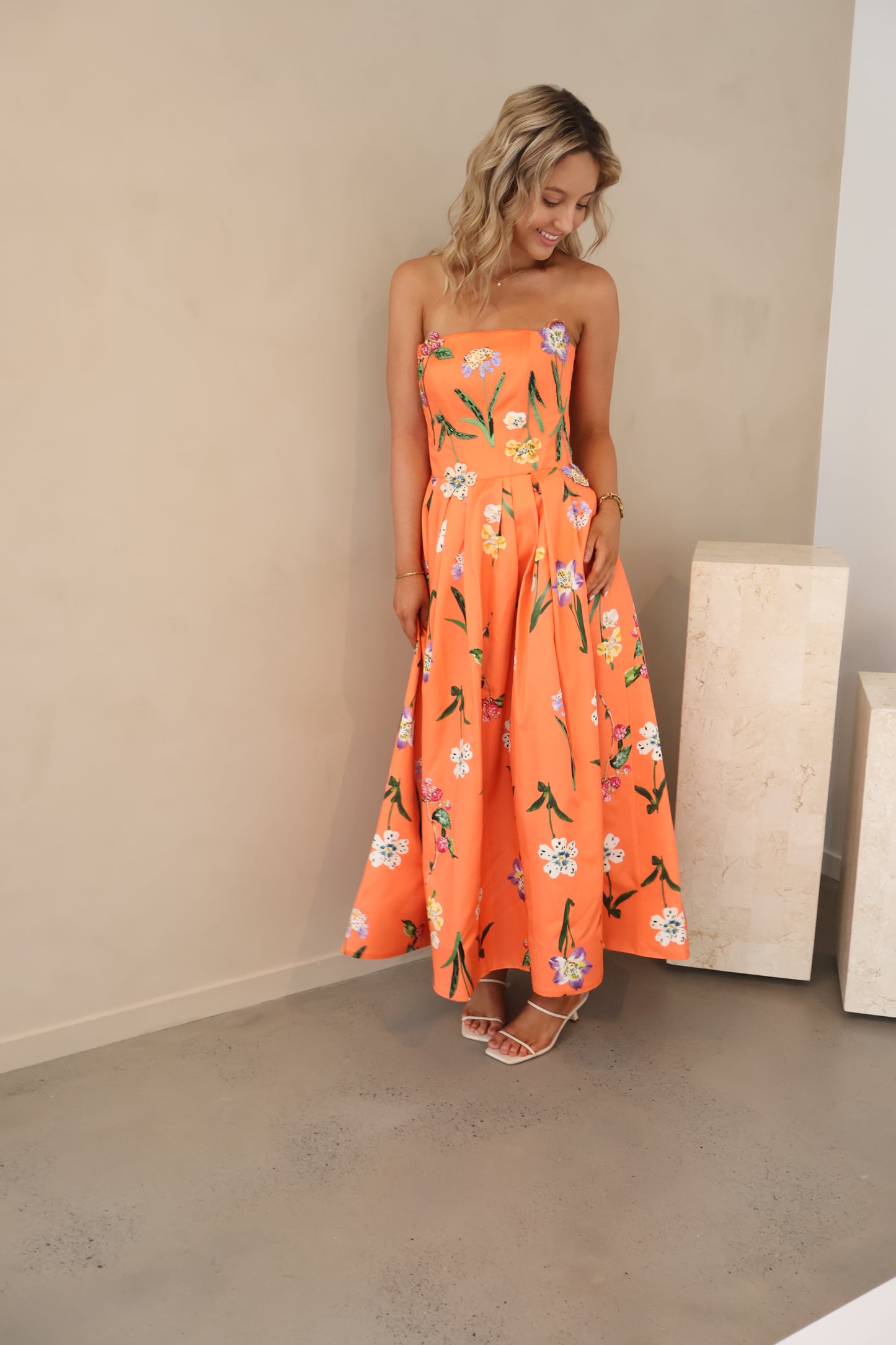 Leo Lin Lynn Bustier Midi Dress - Wild Flower in Coral