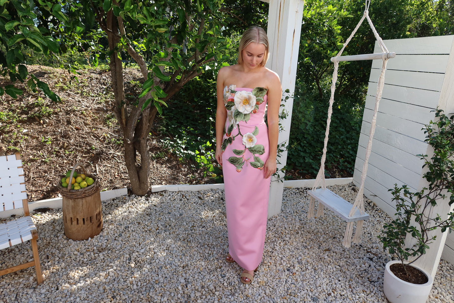 Leo Lin Rayna Appliqu Floral Bustier Maxi Dress - Camelia Print ABC Dress Hire Leo Lin Rayna Appliqu Floral Bustier Maxi Dress - Camelia Print ABC Dress Hire