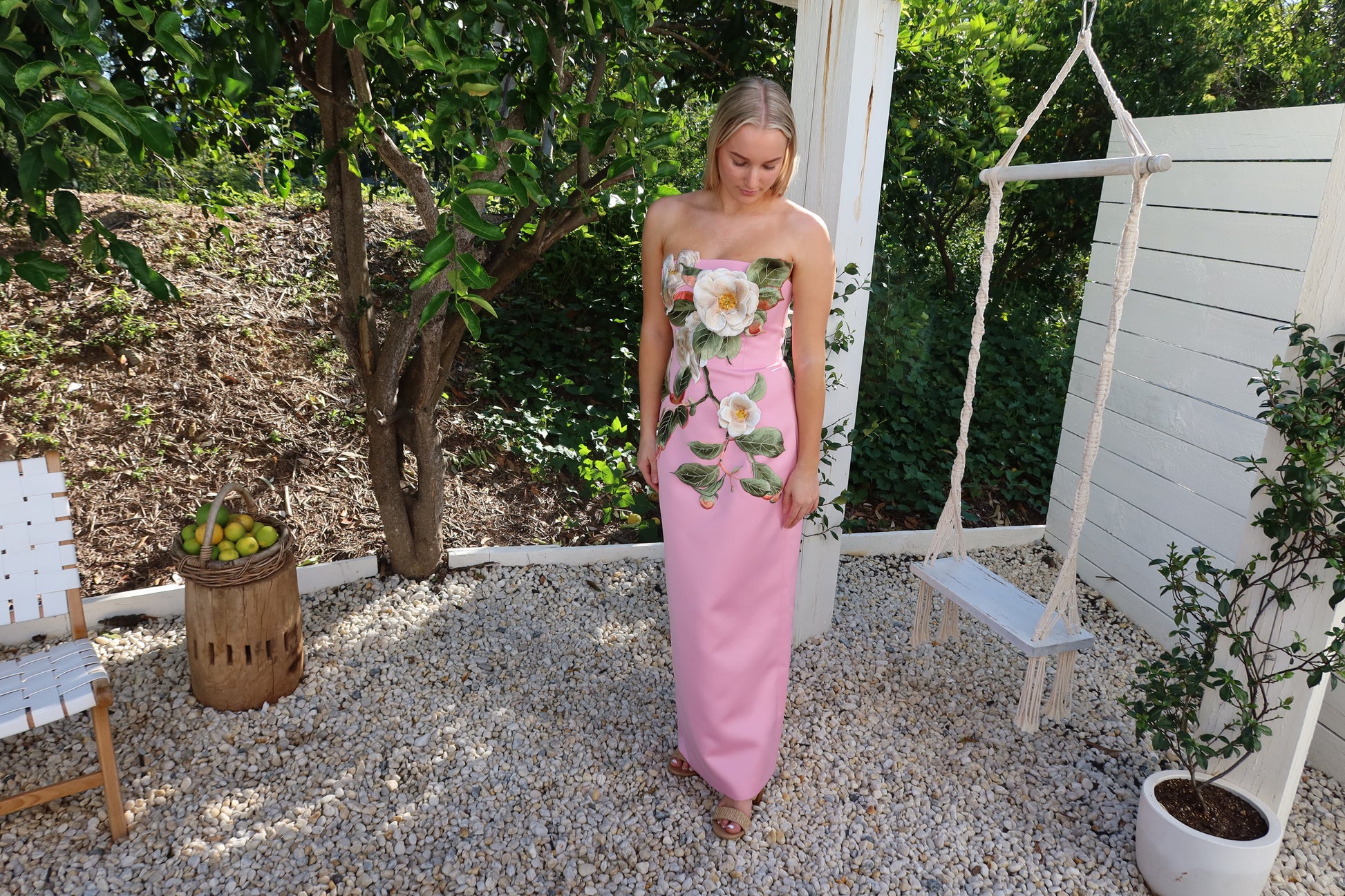 Leo Lin Rayna Appliqu Floral Bustier Maxi Dress - Camelia Print ABC Dress Hire Leo Lin Rayna Appliqu Floral Bustier Maxi Dress - Camelia Print ABC Dress Hire