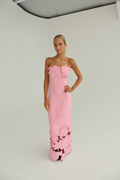 Leo Lin Rayna Appliqu Bustier Maxi Dress - Flamingo  ABC Dress Hire