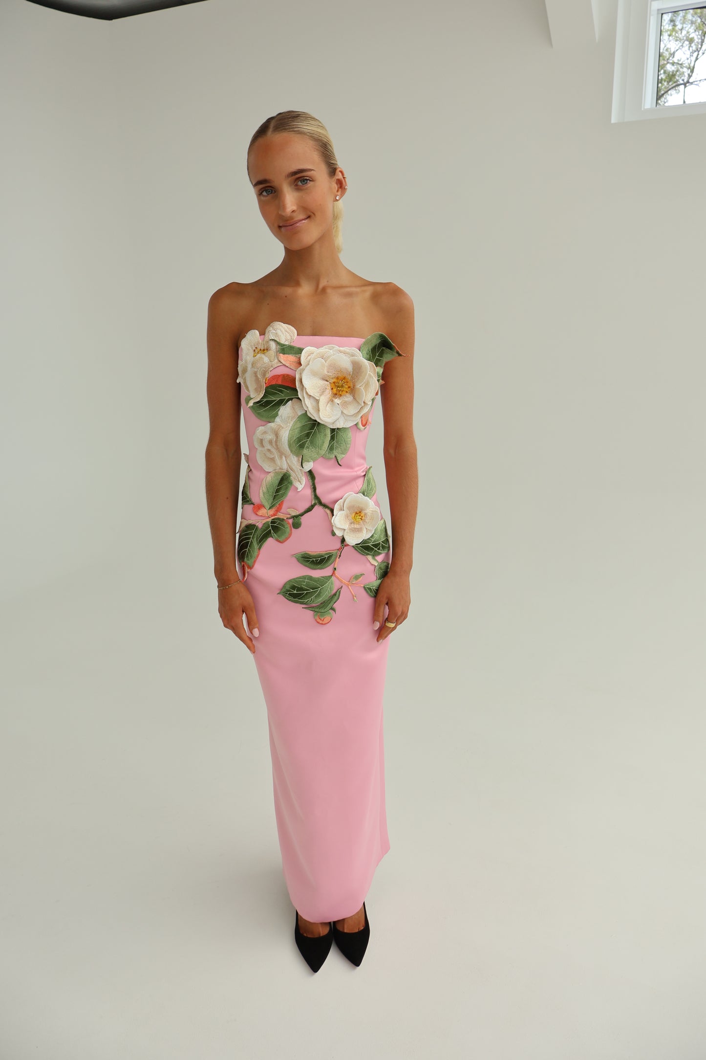 Leo Lin Rayna Appliqu Floral Bustier Maxi Dress - Camelia Print ABC Dress Hire Leo Lin Rayna Appliqu Floral Bustier Maxi Dress - Camelia Print ABC Dress Hire