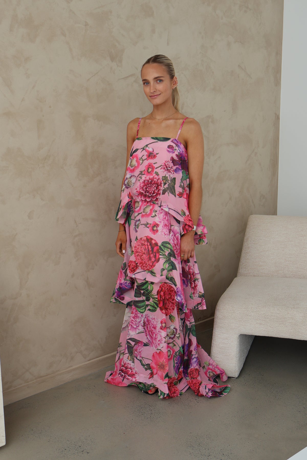Elliatt Armani Tiered Maxi Dress in Pink Floral