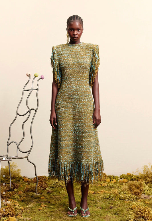 Alemais Nieve Sequin Knit Midi Dress Khaki