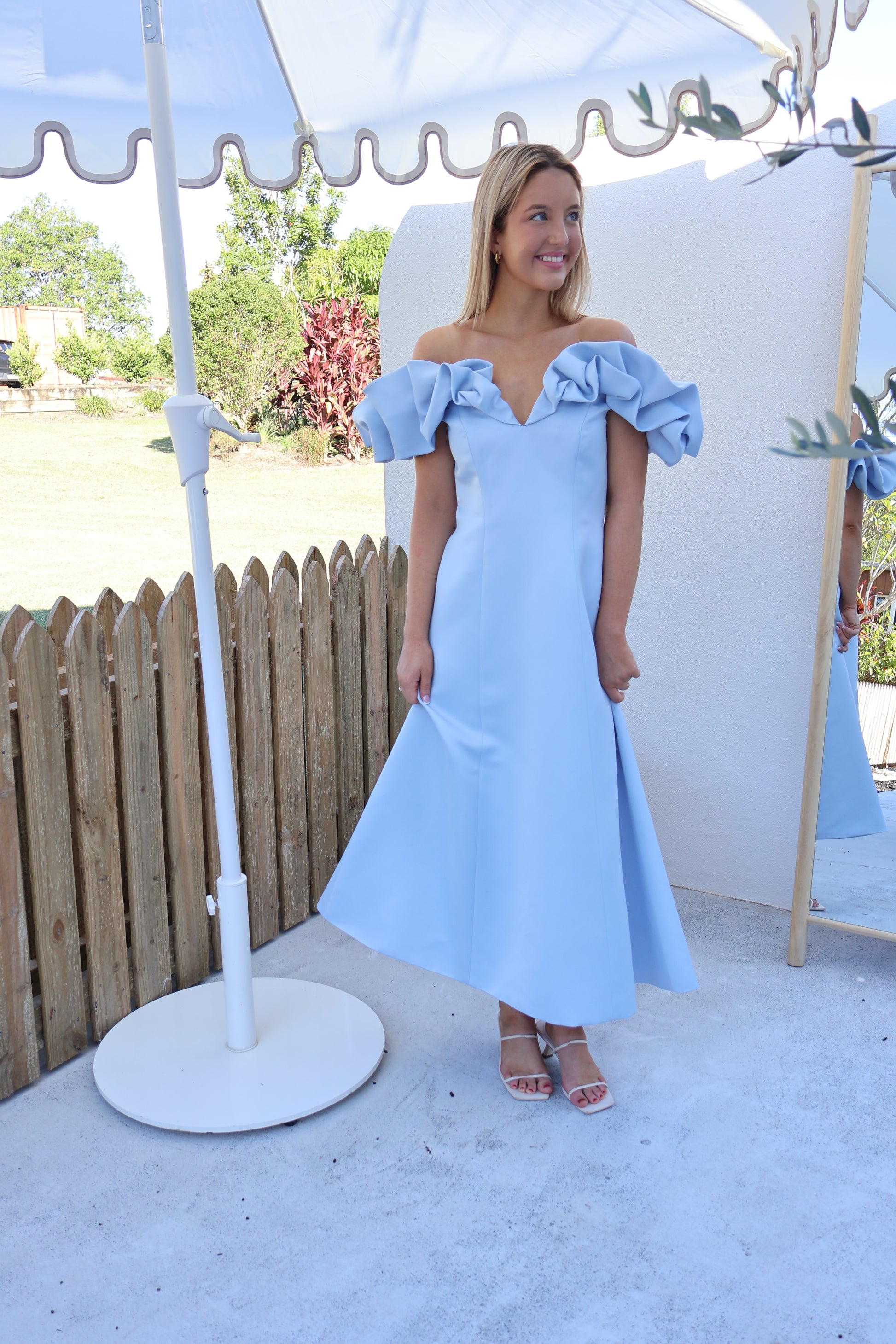 Leo Lin Annie Off Shoulder Frill Midi Dress - Sky Blue ABC Dress Hire Leo Lin Annie Off Shoulder Frill Midi Dress - Sky Blue ABC Dress Hire