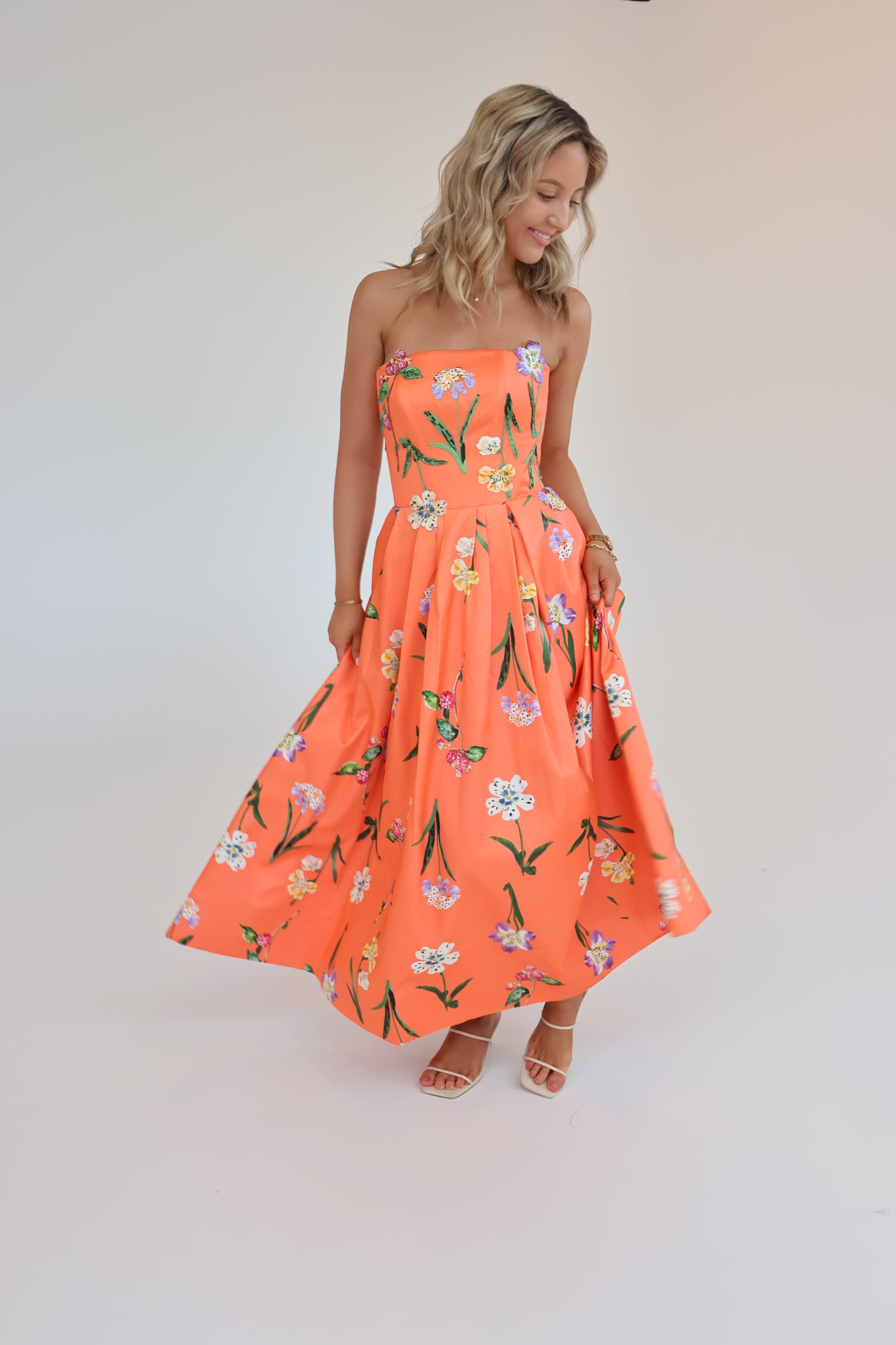 Leo Lin Lynn Bustier Midi Dress - Wild Flower in Coral ABC Dress Hire Leo Lin Lynn Bustier Midi Dress - Wild Flower in Coral ABC Dress Hire