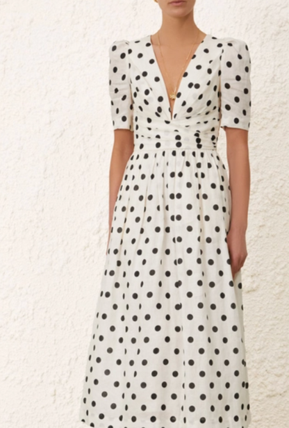 Zimmermann V Neck Midi Dress in Cream/Black Dot