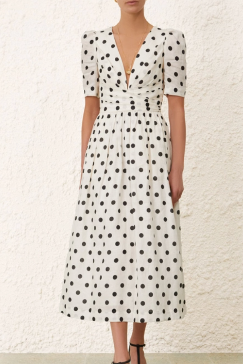 Zimmermann V Neck Midi Dress in Cream/Black Dot