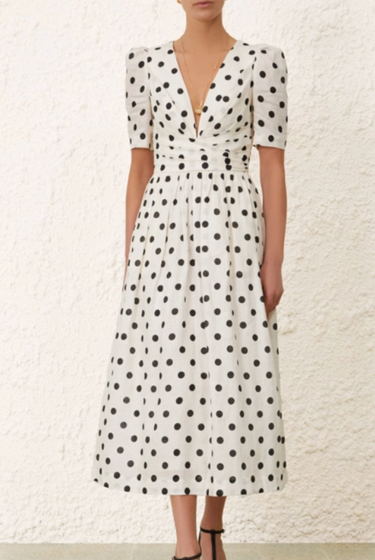 Zimmermann V Neck Midi Dress in Cream/Black Dot