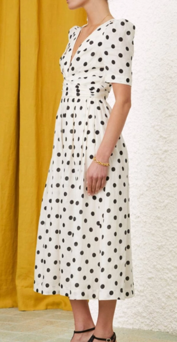 Zimmermann V Neck Midi Dress in Cream/Black Dot