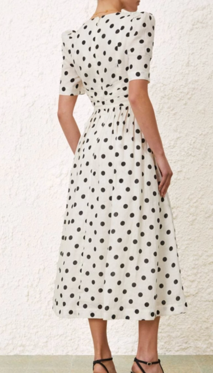 Zimmermann V Neck Midi Dress in Cream/Black Dot