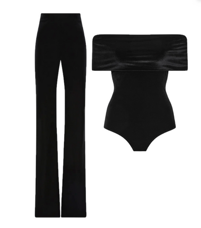 Carla Zampatti Black velvet pant and off shoulder bodysuit top