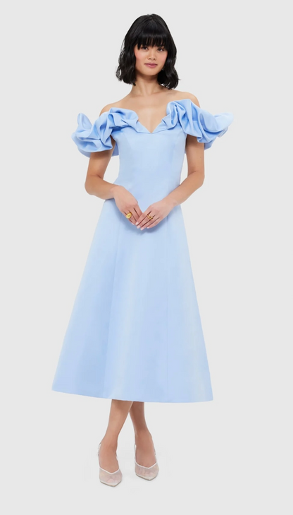 Leo Lin Annie Off Shoulder Frill Midi Dress - Sky Blue