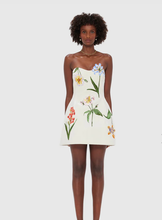 Leo Lin Rosario Velvet Mini Dress - Botanical Print in Snow