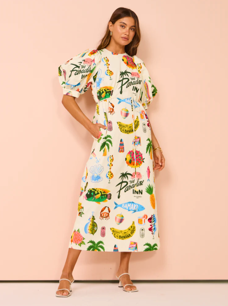 Alemais Samaki Puff Sleeve Midi Dress In Multi
