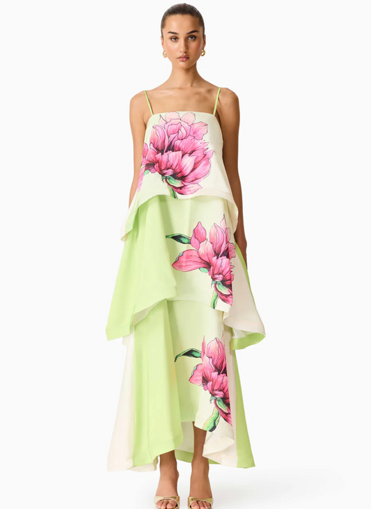 Elisia Tiered Gown in Green & Pink Floral
