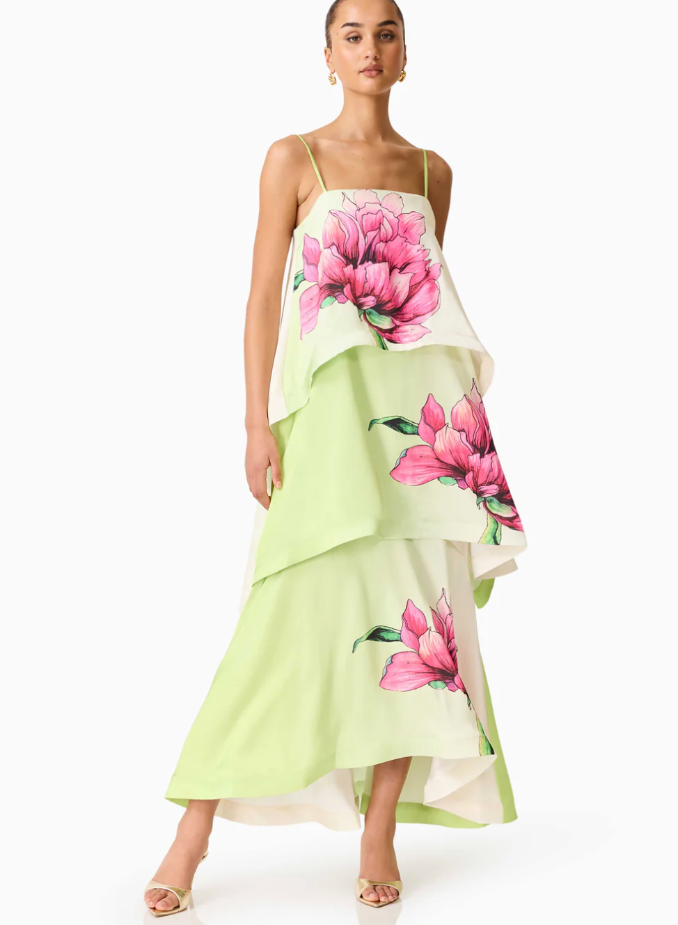 Elisia Tiered Gown in Green & Pink Floral