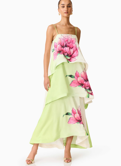 Elisia Tiered Gown in Green & Pink Floral