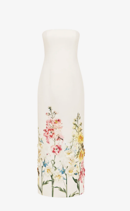 Leo Lin Rayna Embroidered Maxi Dress In Snapdragon Print in Snow