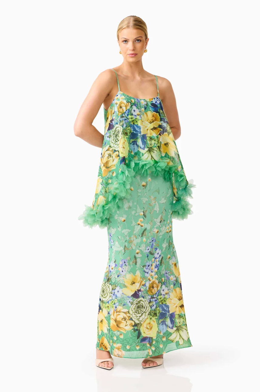 Elliatt Jamie Tiered Maxi Dress in Green Floral