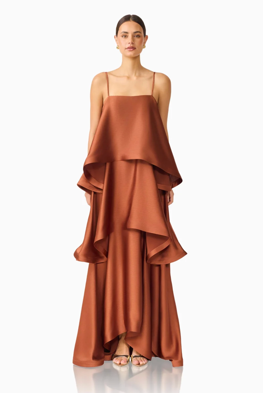 Elliatt Tilly Tiered Maxi Dress in Chestnut Brown