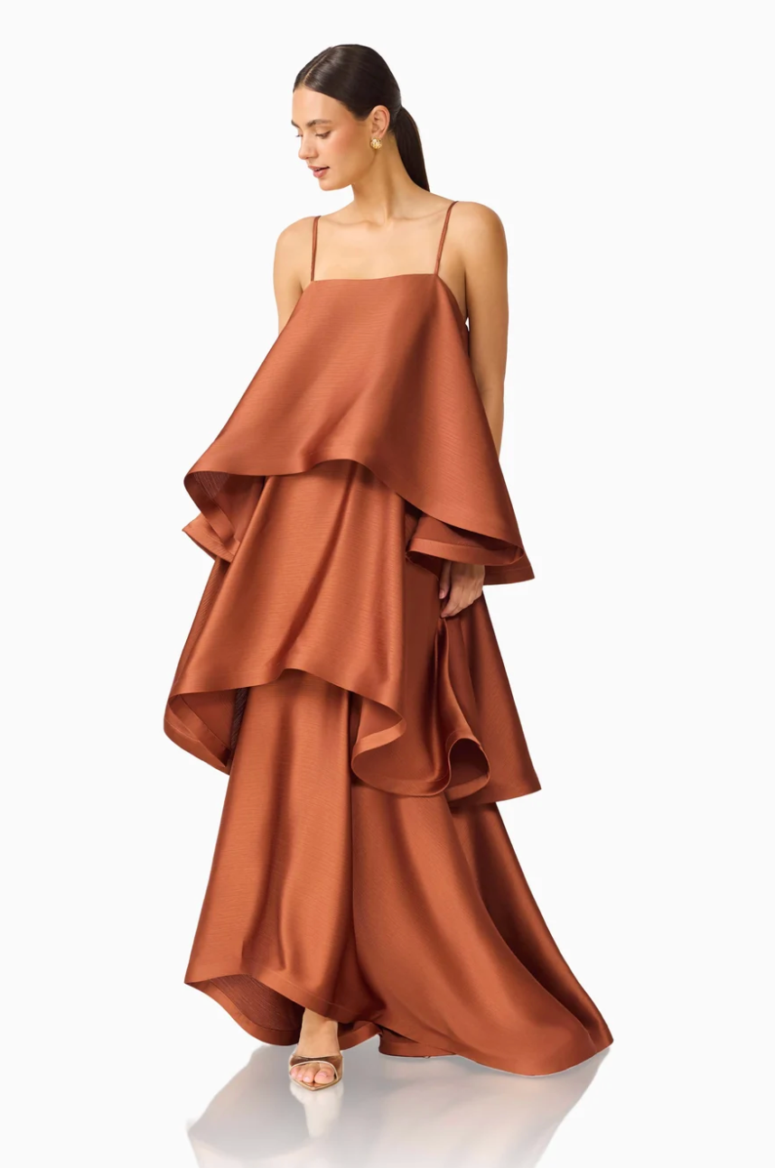 Elliatt Tilly Tiered Maxi Dress in Chestnut Brown