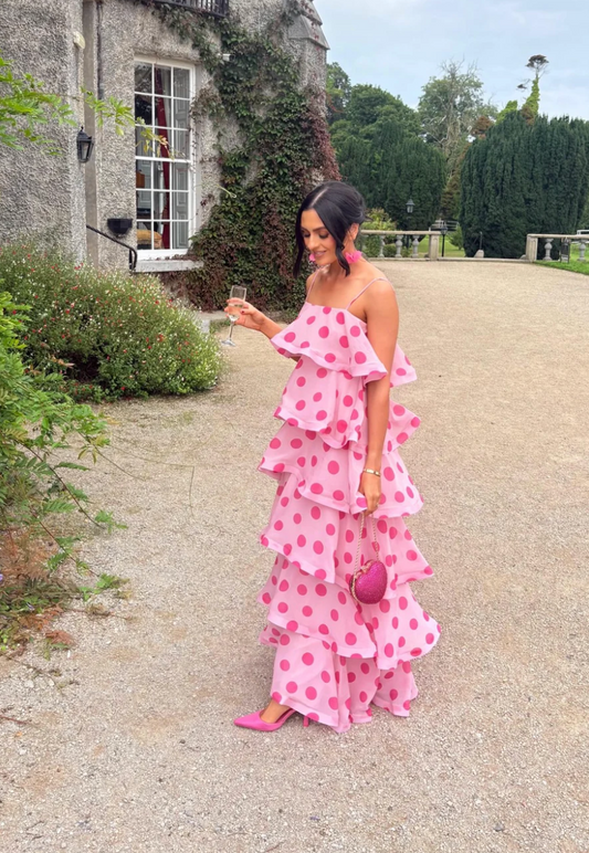 Elliatt Sola Tiered Maxi Dress in Pink Polkadot