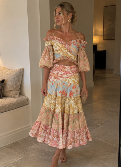 Zimmermann Postcard Pleated Fan Bodice Top & Pleated Skirt