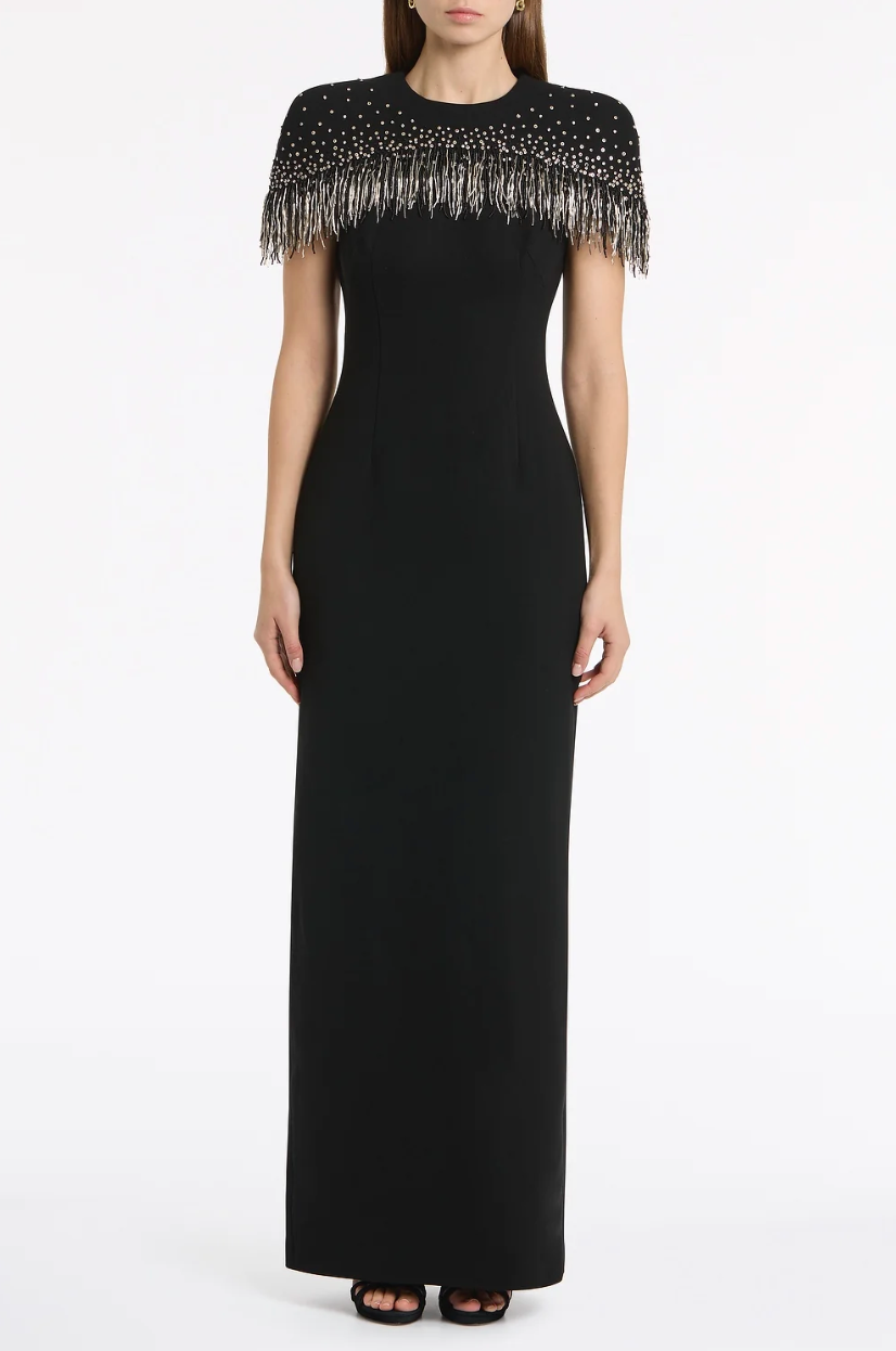 Carla Zampatti Black Crepe Fringe Cape Gown