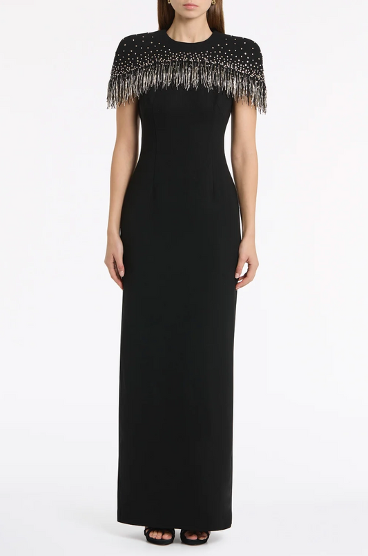 Carla Zampatti Black Crepe Fringe Cape Gown