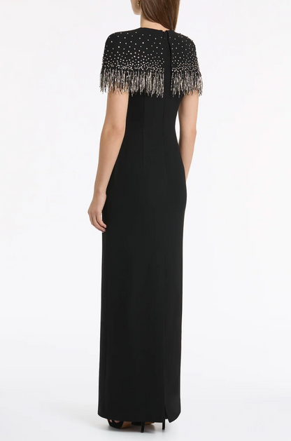 Carla Zampatti Black Crepe Fringe Cape Gown