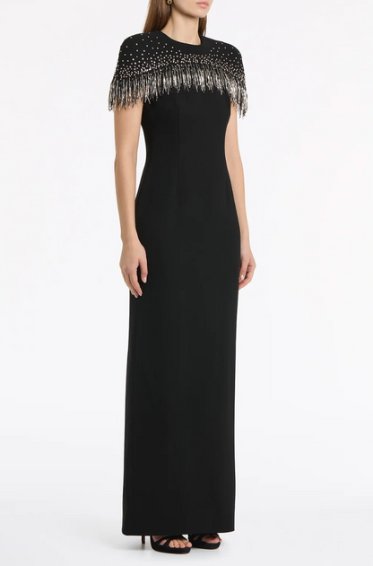 Carla Zampatti Black Crepe Fringe Cape Gown