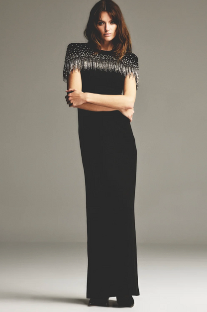 Carla Zampatti Black Crepe Fringe Cape Gown