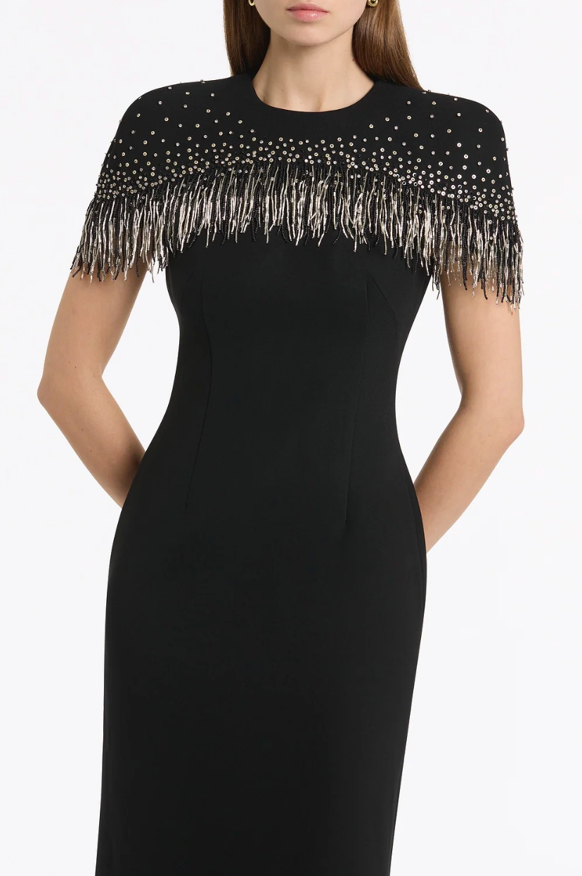 Carla Zampatti Black Crepe Fringe Cape Gown