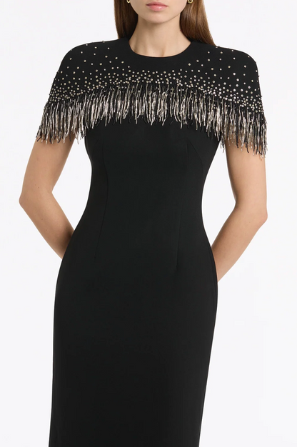 Carla Zampatti Black Crepe Fringe Cape Gown