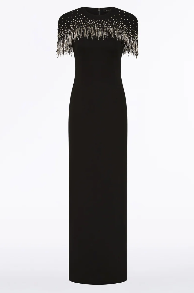 Carla Zampatti Black Crepe Fringe Cape Gown