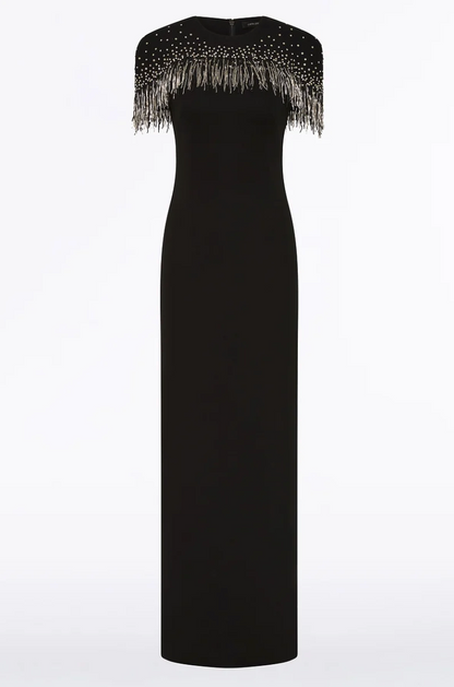 Carla Zampatti Black Crepe Fringe Cape Gown