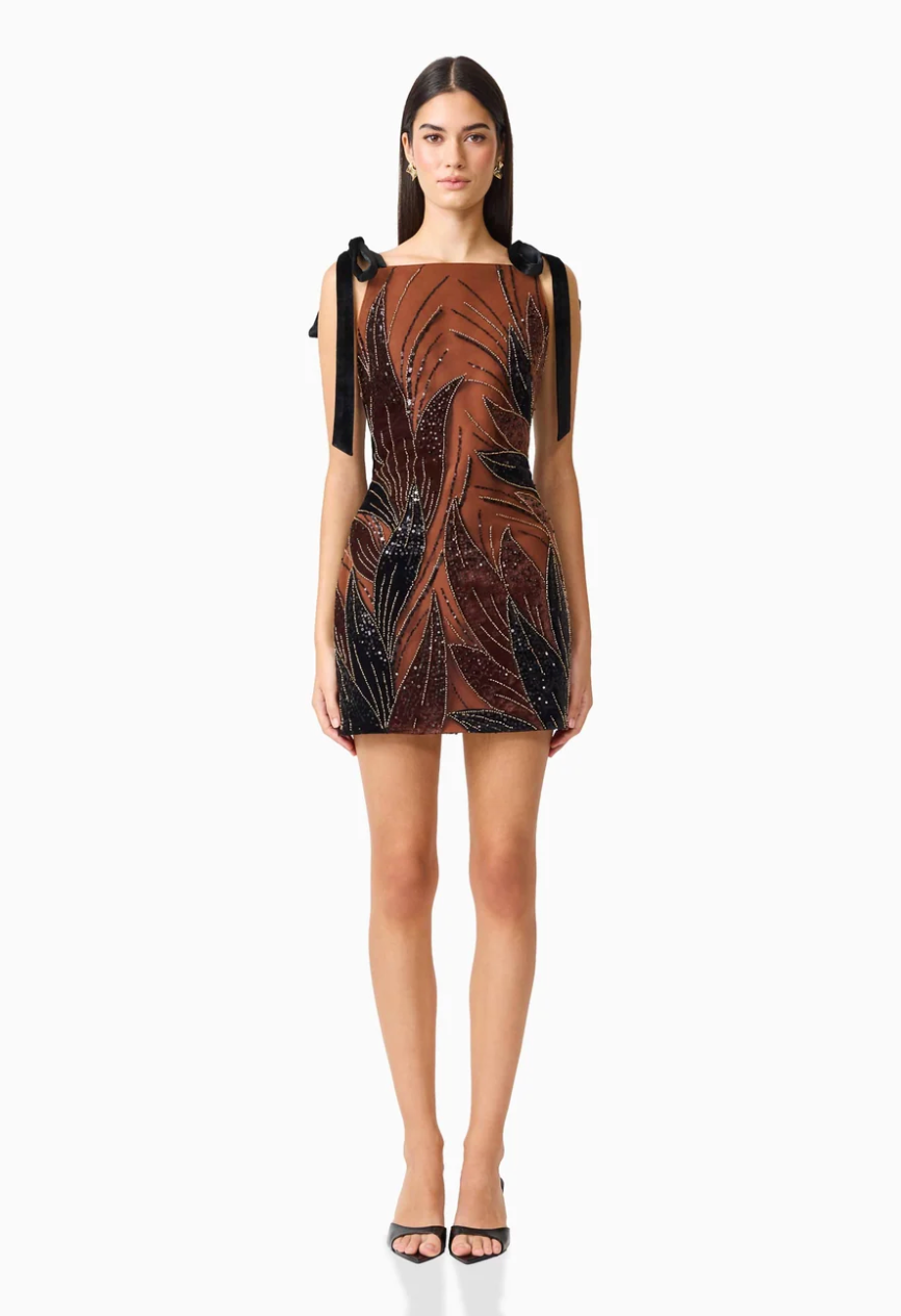 Elliatt Giada Embellished Mini Dress in Chocolate Brown