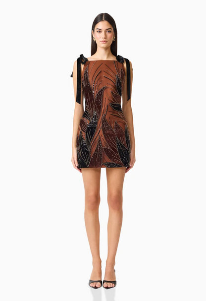 Elliatt Giada Embellished Mini Dress in Chocolate Brown