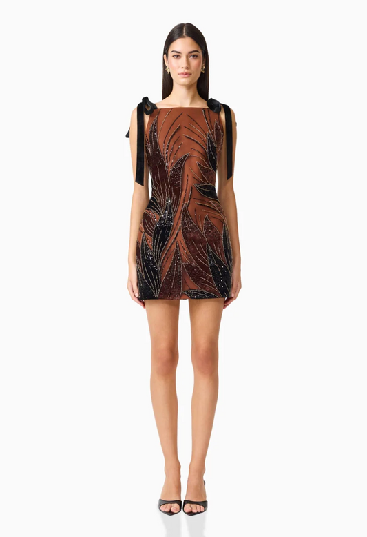 Elliatt Giada Embellished Mini Dress in Chocolate Brown