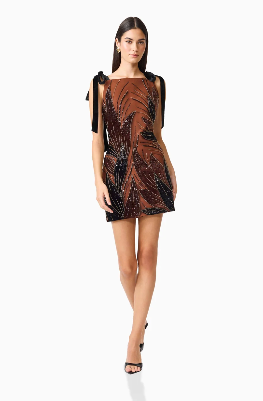 Elliatt Giada Embellished Mini Dress in Chocolate Brown