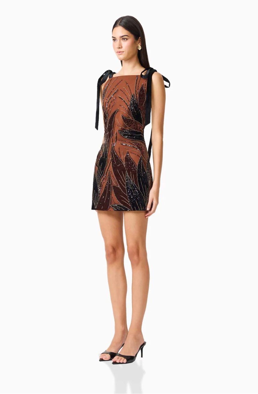 Elliatt Giada Embellished Mini Dress in Chocolate Brown