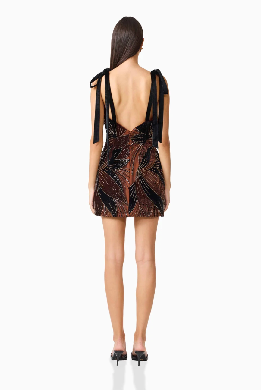 Elliatt Giada Embellished Mini Dress in Chocolate Brown