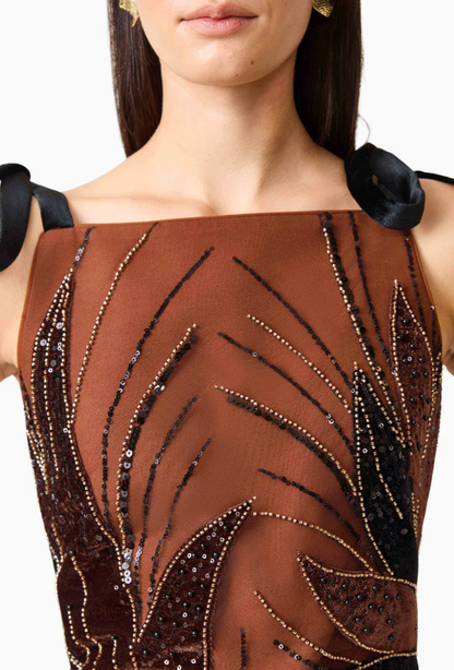 Elliatt Giada Embellished Mini Dress in Chocolate Brown