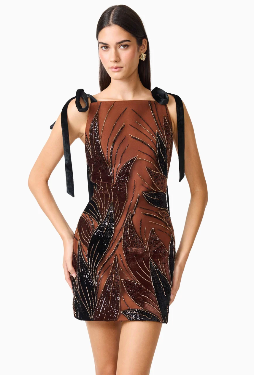 Elliatt Giada Embellished Mini Dress in Chocolate Brown